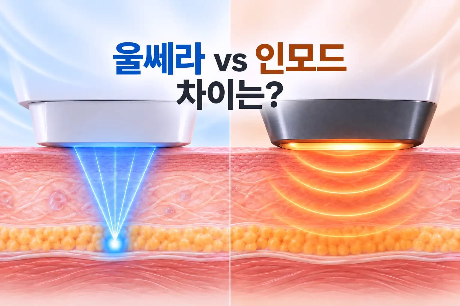 울쎄라 인모드 차이를 초음파와 고주파의 작용층으로 비교한 피부 단면 그림